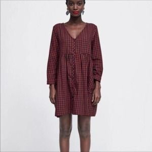 Zara Classic Red Green Plaid Button Front Oversized Babydoll Dress